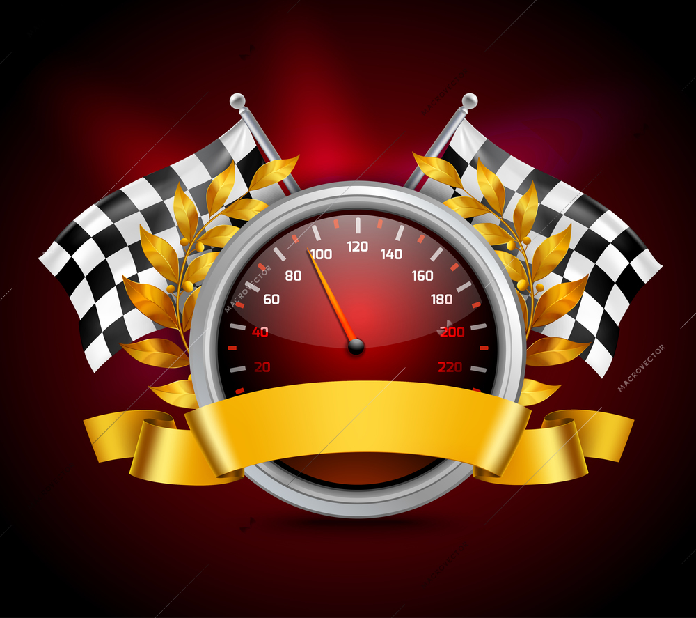 Race emblem with speedometer flags and laurel wreath realistic vector illustration