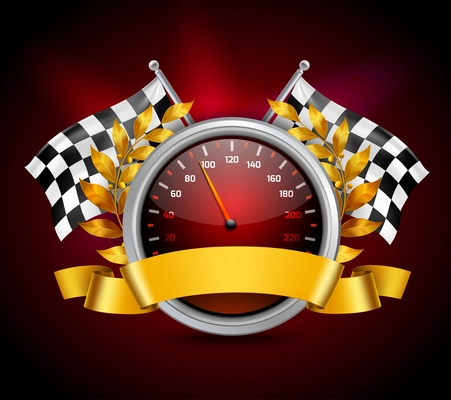 Race emblem with speedometer flags and laurel wreath realistic vector illustration