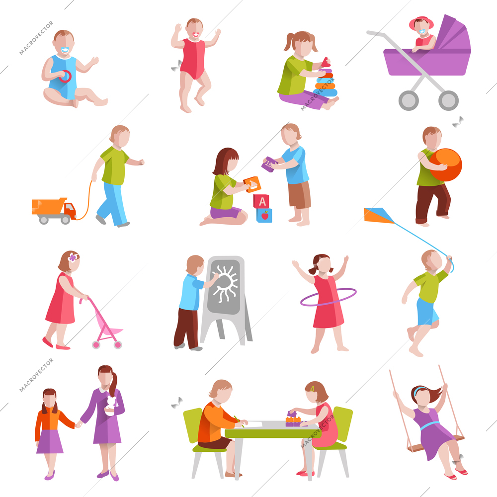 Children playing indoors and outside flat characters set isolated vector illustration