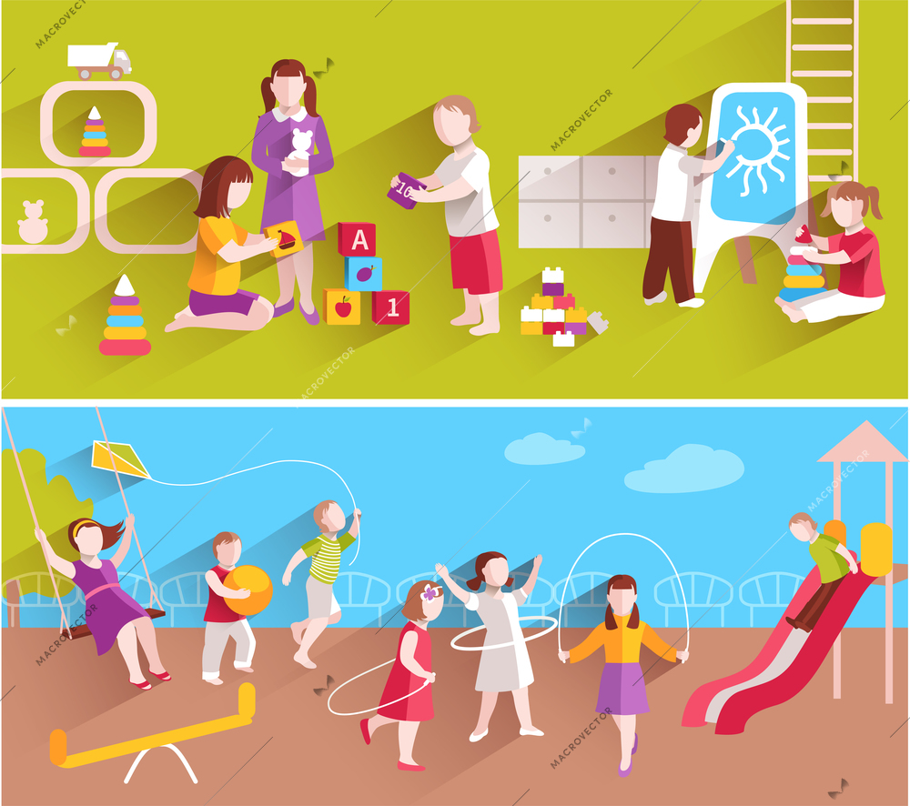 Children in kindergarten playing on ground and indoors horizontal banner set isolated vector illustration