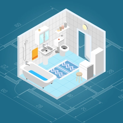 Bathroom interior isometric with 3d bath and toilet furniture icons vector illustration