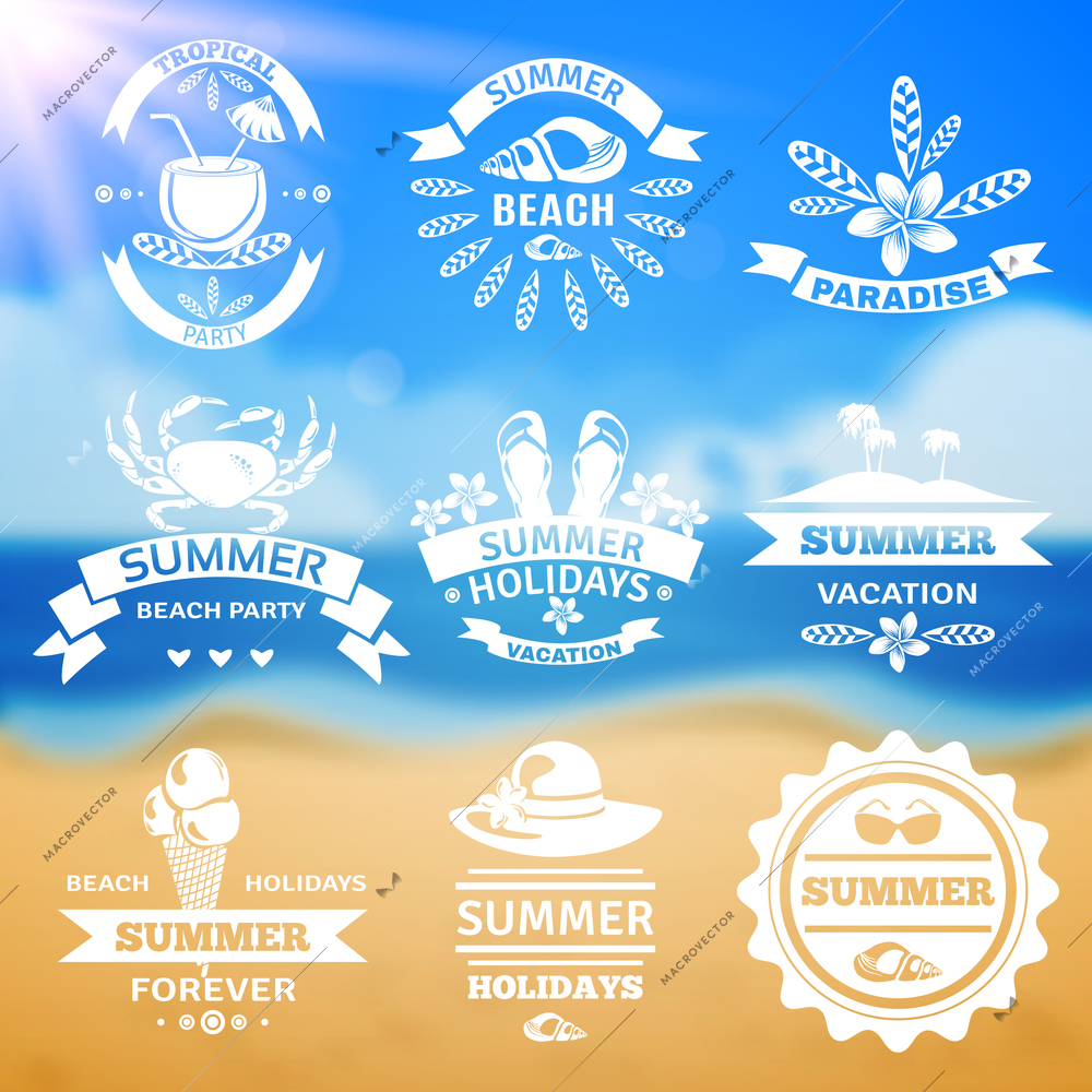 Summer vacation travel agency resorts emblems labels collection typography with ocean beach background abstract isolated vector illustration