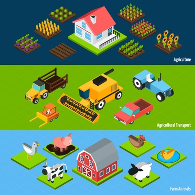 Farm livestock animals and agricultural transport machinery and tractors isometric horizontal banners set abstract isolated vector illustration