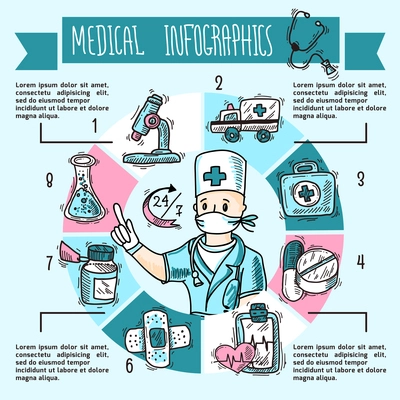 Medical infographics sketch set with doctor chart and healthcare elements vector illustration