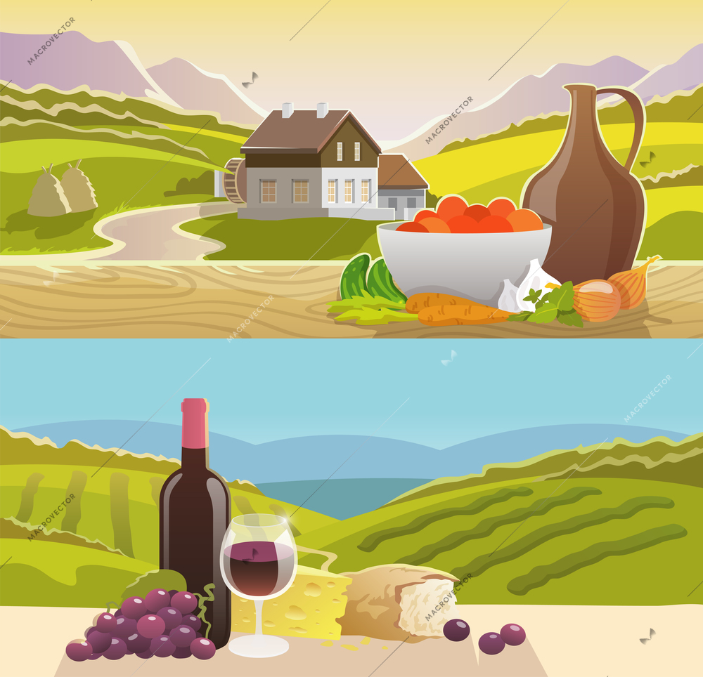 Mountain landscape horizontal banner set with wine and vegetables still life flat elements isolated vector illustration