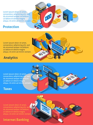 Financial horizontal banners set with isometric protection analytics and taxes elements isolated vector illustration