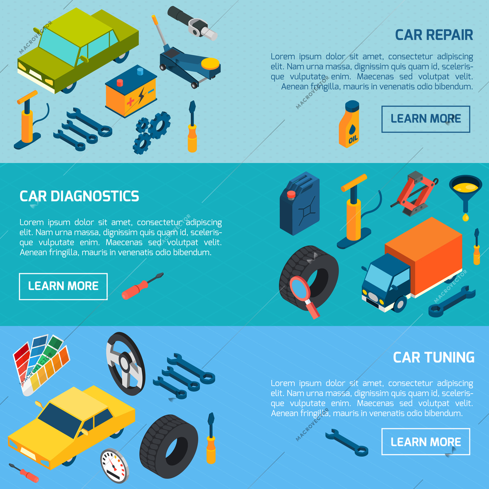 Car diagnostics repair and tuning with parts and consumables isometric horizontal banners set isolated vector illustration