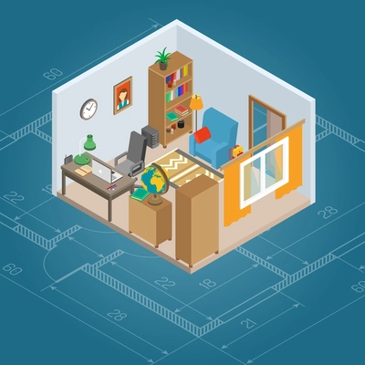 Isometric cabinet interior with 3d work computer and furniture vector illustration