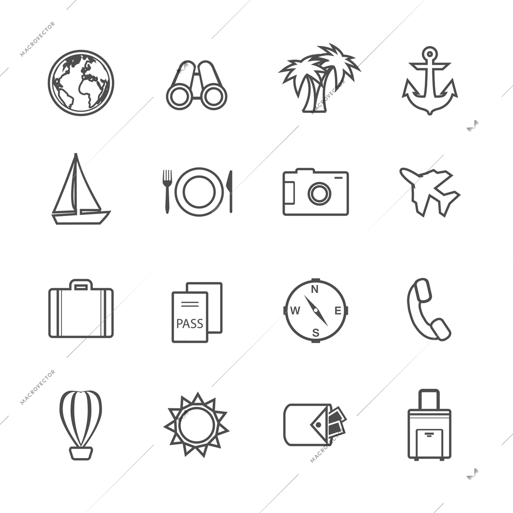 Vacation leisure pictograms set of airplane boat globe and tickets isolated vector illustration