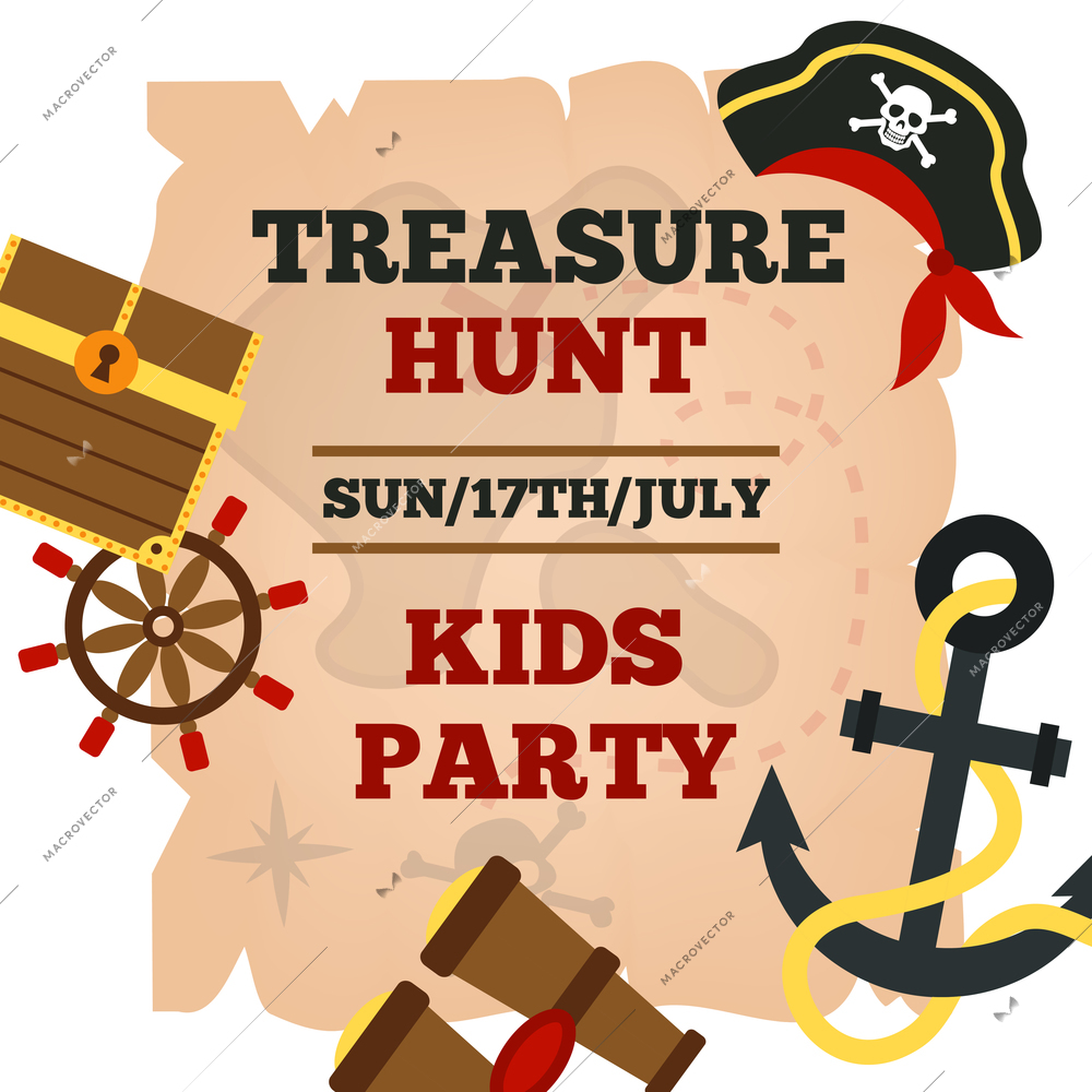 Pirates hunt for treasure adventures kids party announcement poster with time and game accessories abstract vector illustration