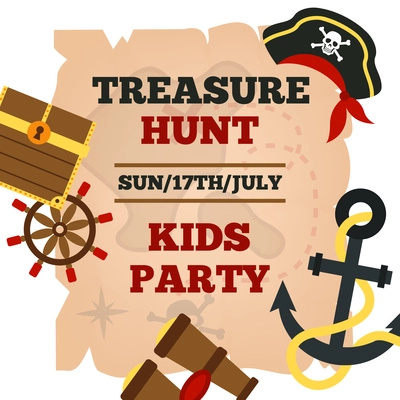 Pirates hunt for treasure adventures kids party announcement poster with time and game accessories abstract vector illustration