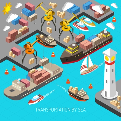 Transportation by sea and logistics concept with container carriers and cargo isometric vector illustration