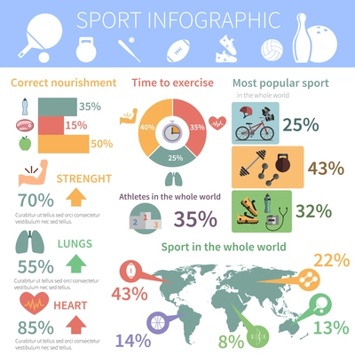 Most popular world sport  infographic report with nutrition tips for athletes advice presentation print  abstract vector illustration