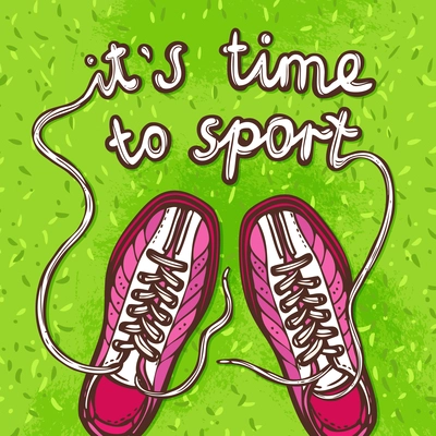 Sport skateboard pair of sketch gumshoes on green background poster vector illustration