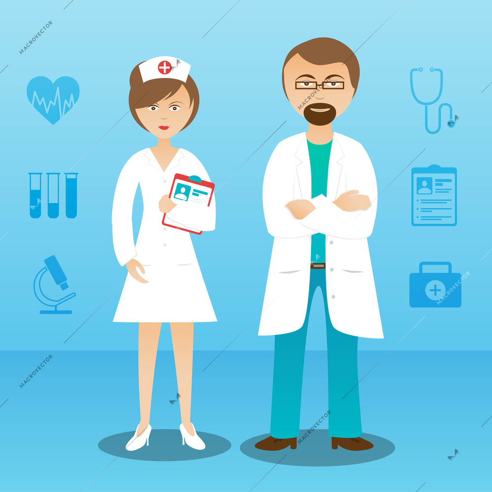 Medical personnel in white lab coat whole length man woman doctor assistant professionals characters abstract vector illustration