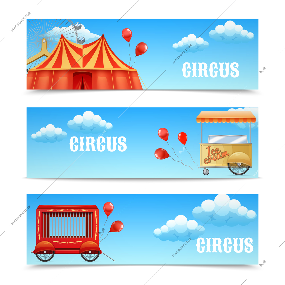 Three horizontal circus banners with arena Ferris wheel balloons Cage Wagon Ice Cream Cart isolated vector illustration