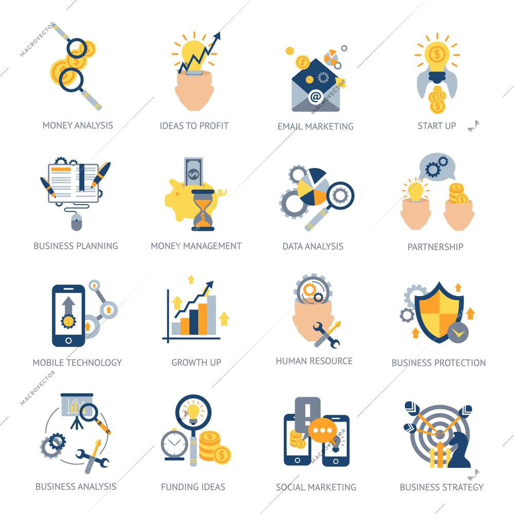 Business analysis icons set with money idea campaign planning isolated vector illustration