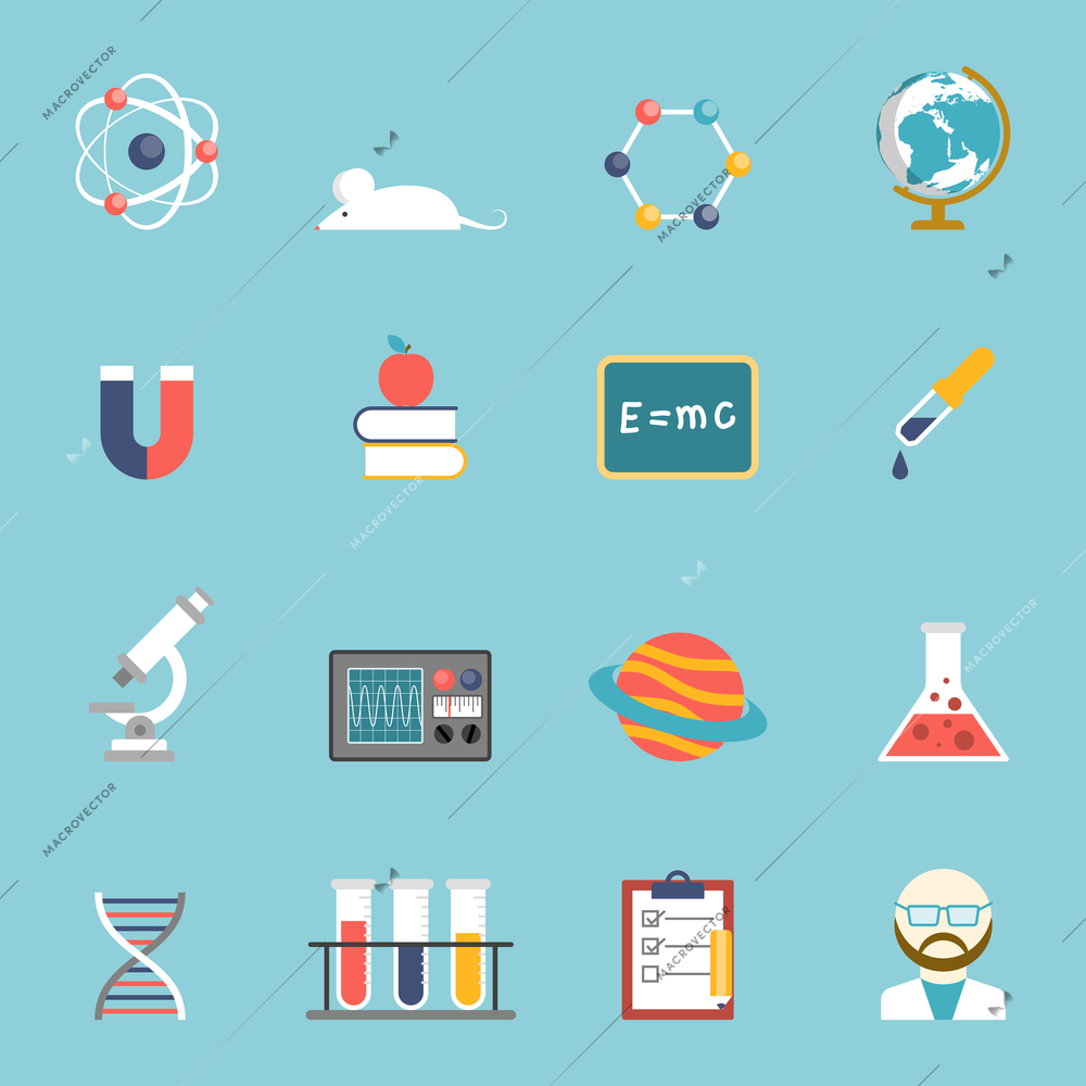 Science research and study symbols devices and accessories flat color icon set isolated vector illustration