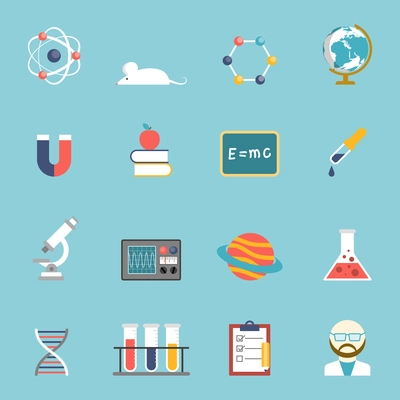 Science research and study symbols devices and accessories flat color icon set isolated vector illustration