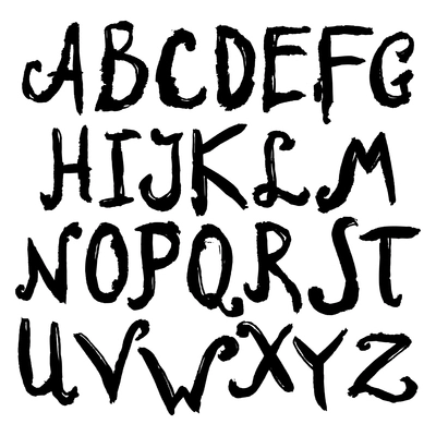 Hand drawn font black ink alphabet capital letters set isolated vector illustration