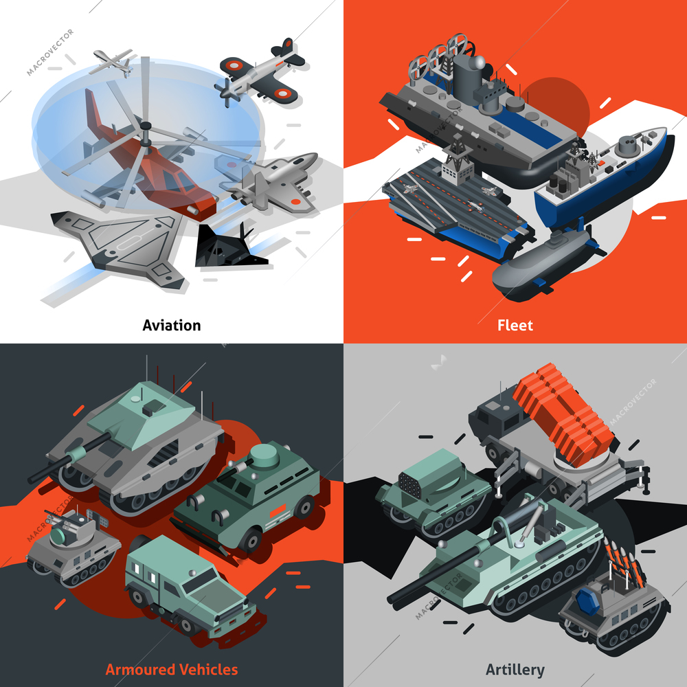 Military equipment design concept set with aviation fleet artillery isometric icons isolated vector illustration