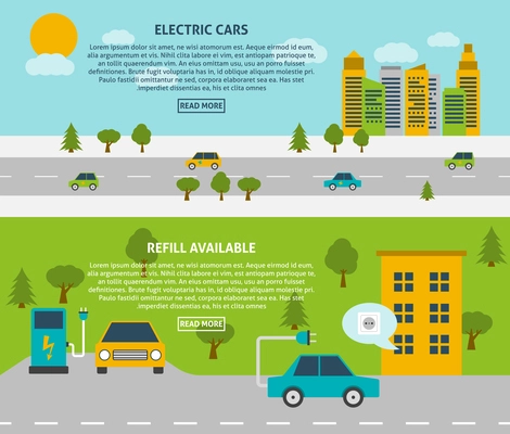 Electric car and refill available or charging station flat color horizontal banner set isolated vector illustration