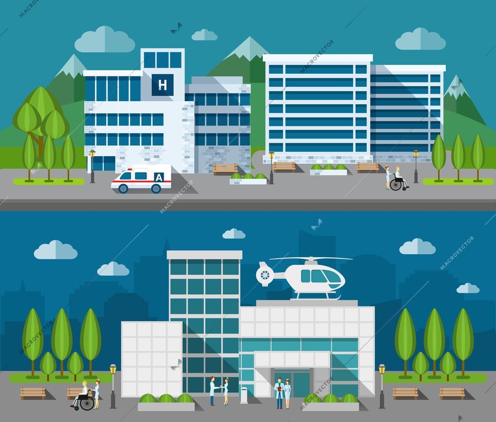 Hospital buildings front flat horizontal banner set isolated vector illustration