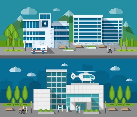 Hospital buildings front flat horizontal banner set isolated vector illustration