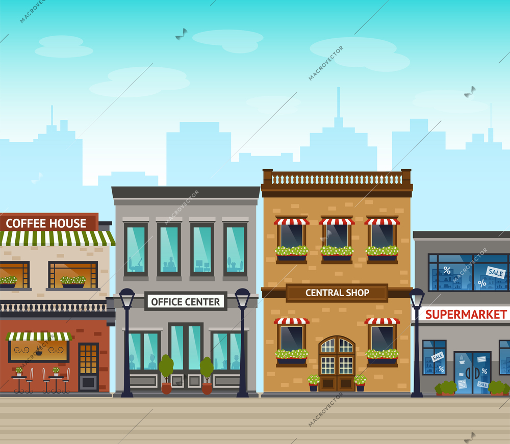 Downtown street with stores and supermarket line exterior and city skyscrapers on background vector illustration
