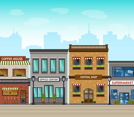 Downtown street with stores and supermarket line exterior and city skyscrapers on background vector illustration