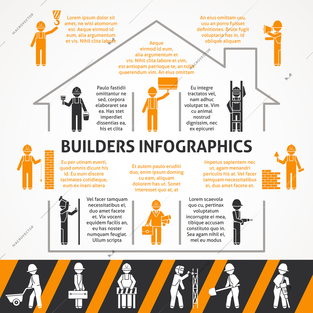 Builders in construction house with text flat black and orange silhouette infographic set vector illustration