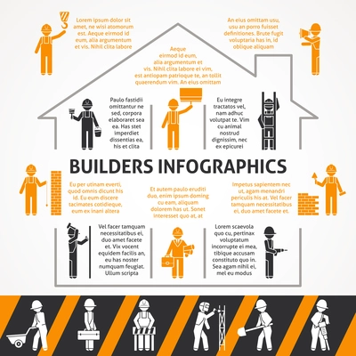 Builders in construction house with text flat black and orange silhouette infographic set vector illustration