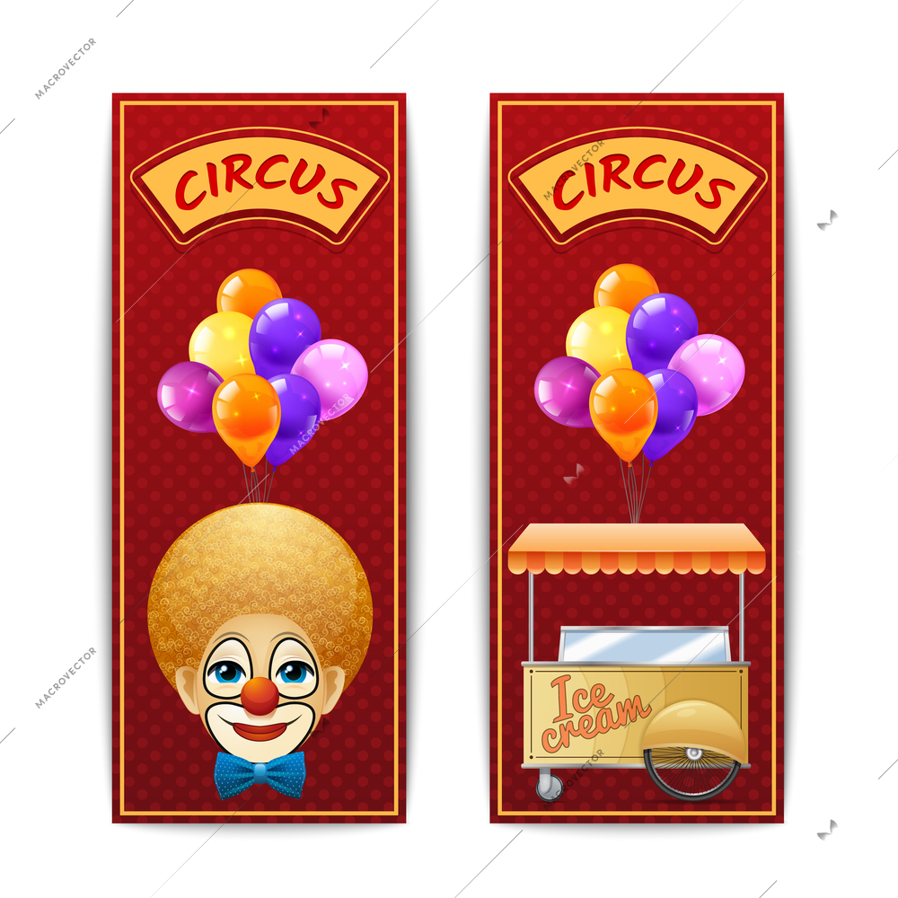 Two vertical circus banners with clown balloons and ice cream cart on the red background with dots isolated vector illustration