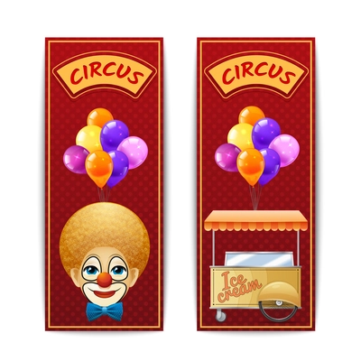 Two vertical circus banners with clown balloons and ice cream cart on the red background with dots isolated vector illustration