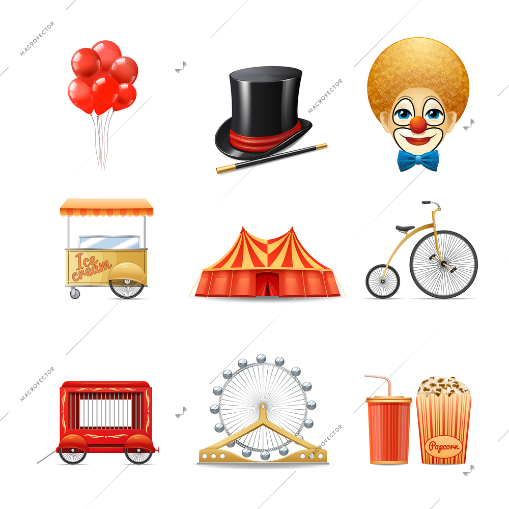 Circus decorative icons set with realistic clown marquee tent bike isolated vector illustration