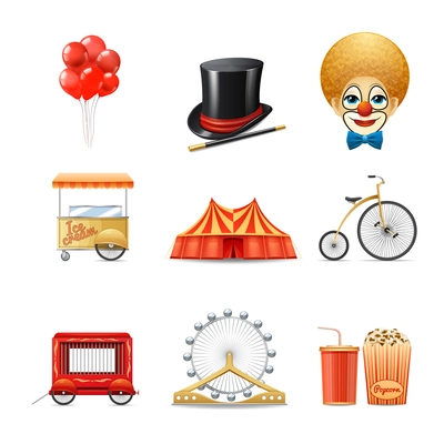 Circus decorative icons set with realistic clown marquee tent bike isolated vector illustration