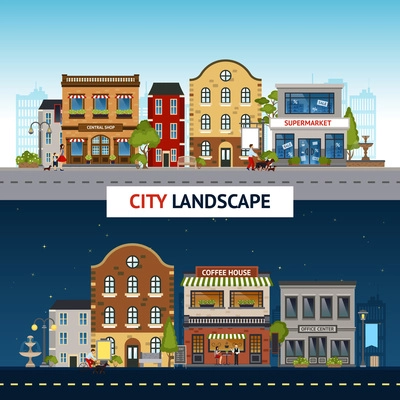 City landscape horizontal banner set with town buildings day and night isolated vector illustration