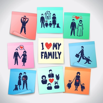 Family paper stickers set with hand drawn people figures vector illustration