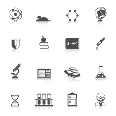 Science study research and scholarship devices and accessories flat black with reflection icon set isolated vector illustration