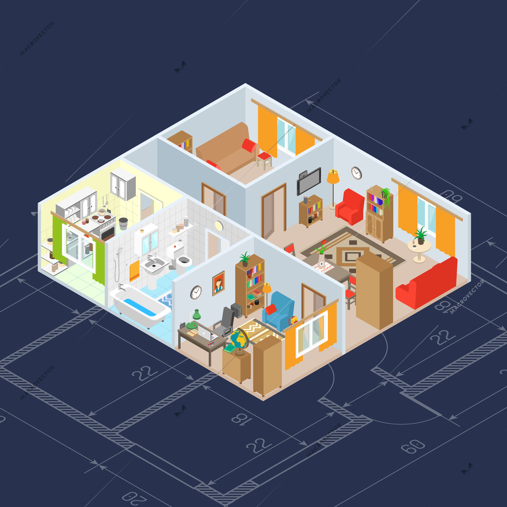Isometric room interior concept with 3d kitchen and bathroom furniture icons vector illustration