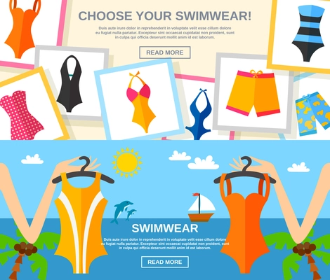 Summer female fashion clothing with choose your swimwear text flat color horizontal banner set isolated vector illustration