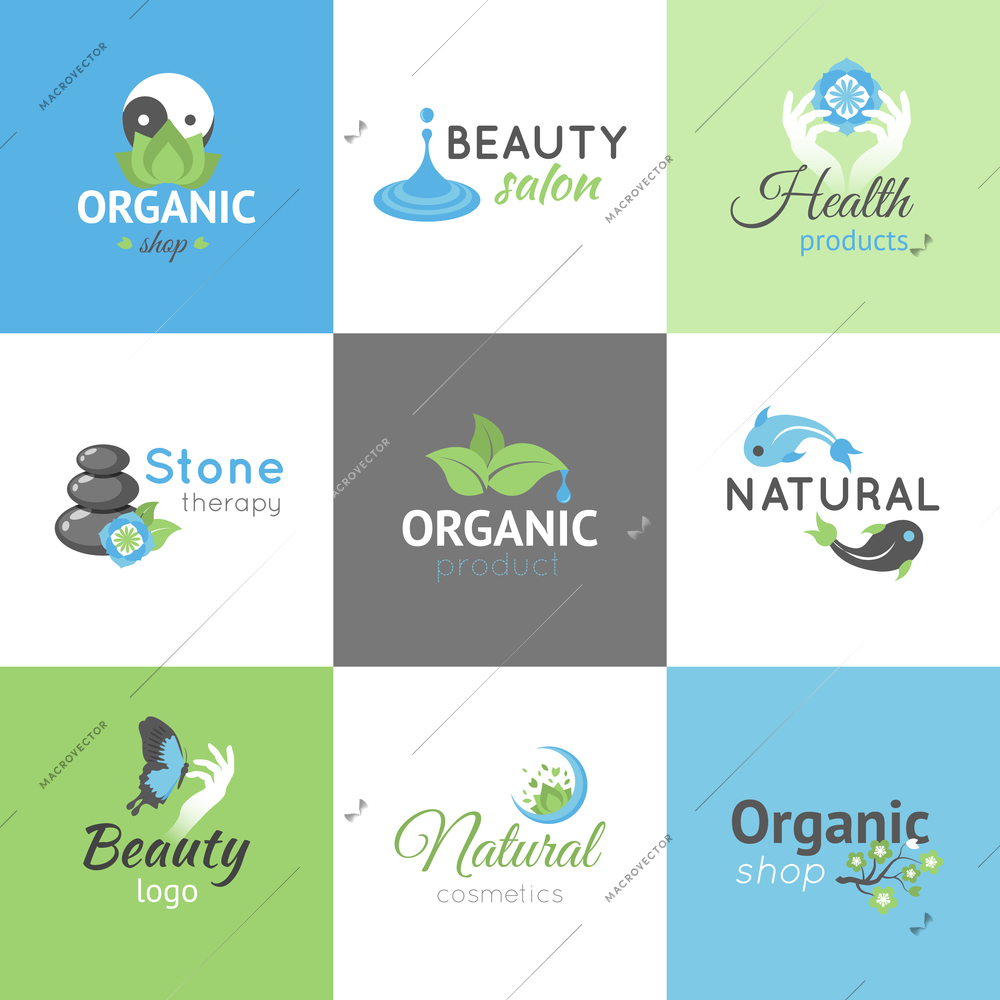 Beauty salon and organic products shop design logos set isolated vector illustration