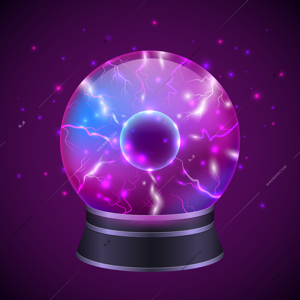 Magic occult fortune teller sphere with glowing effect on dark purple background vector illustration