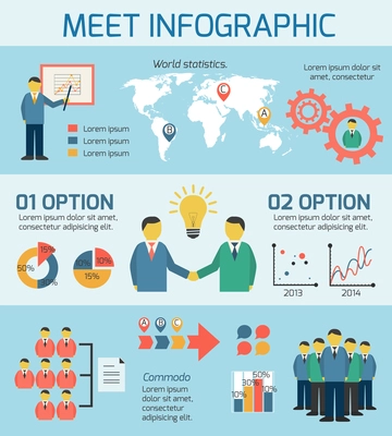 Flat business people meeting infographics design layout template with icons vector illustration