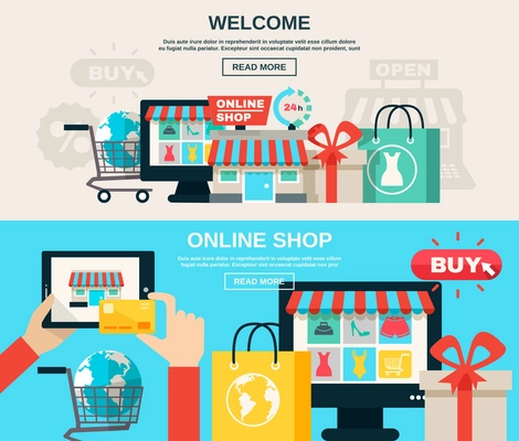 Welcome online shop or web market and buy online flat color horizontal banner set isolated vector illustration