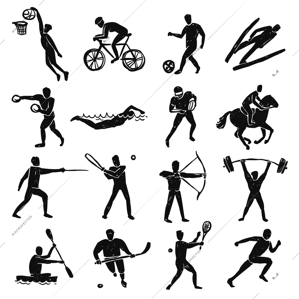 Sport people and athletes sketch black figures set isolated vector illustration