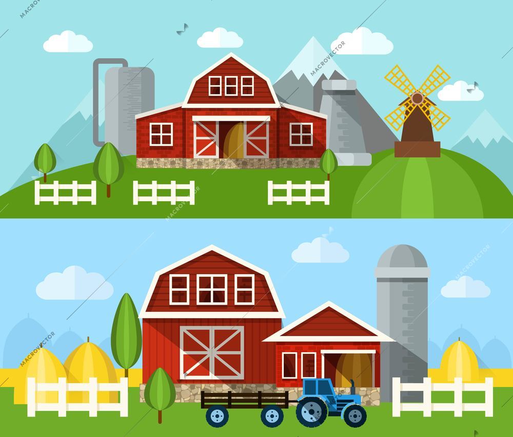 Farm buildings and hangars flat horizontal banner set isolated vector illustration