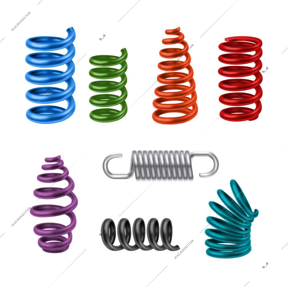 Realistic metal springs colored decorative icons set isolated vector illustration