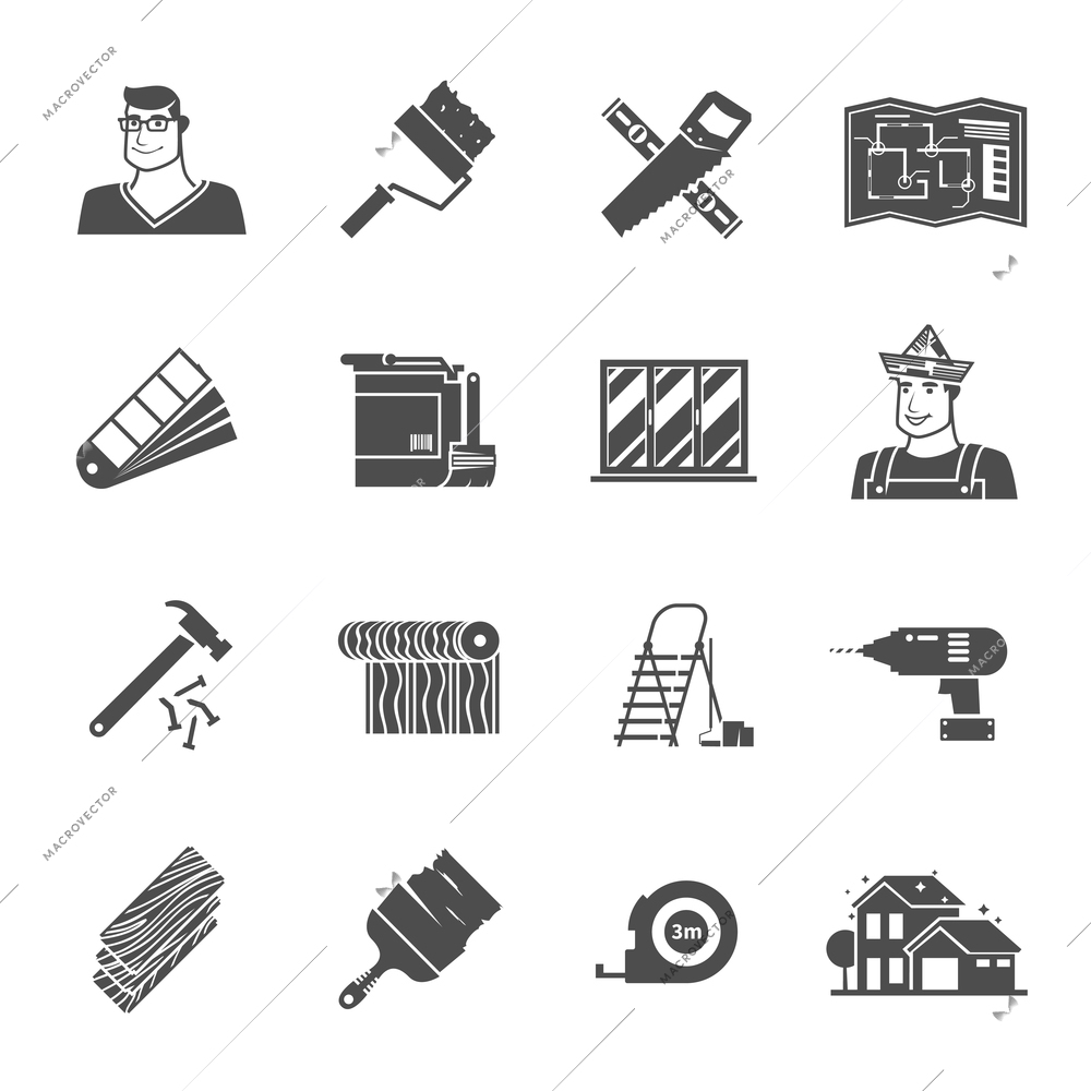 Renovation black icons set with hammer drill and worker avatar isolated vector illustration