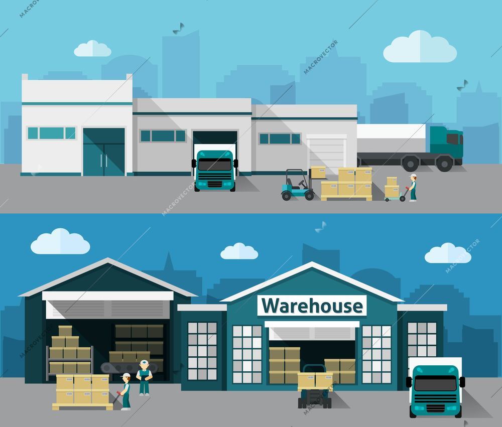 Warehouse building and shipping process flat horizontal banner set isolated vector illustration